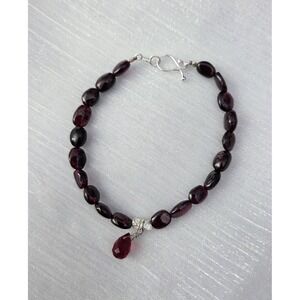 Genuine Natural Garnet Beaded Bracelet Faceted Dangling Bead 925 Sterling Silver